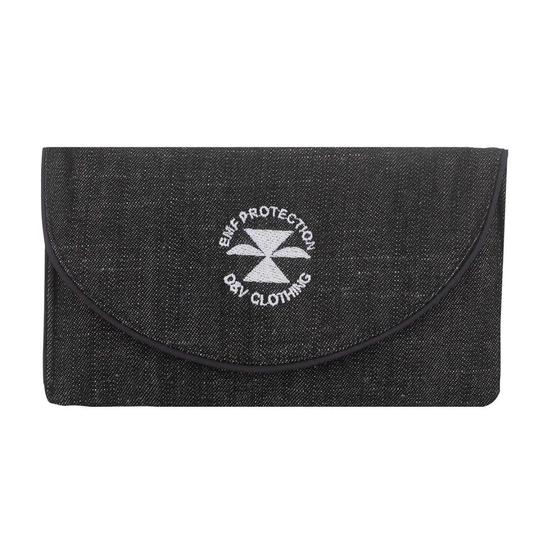 Несесер с копче компакт със защитен слой с метална нишка за предпазване от електромагнитни полета, изработено от деним