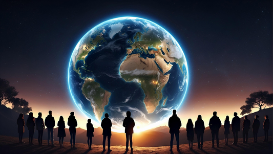 Земята, гледана от група от хора. Въплъщава идеята за опазване на планетата и хората.