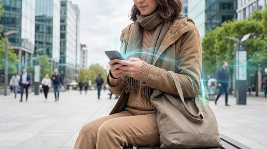 Жена на улицата, която гледа в мобилен телефон