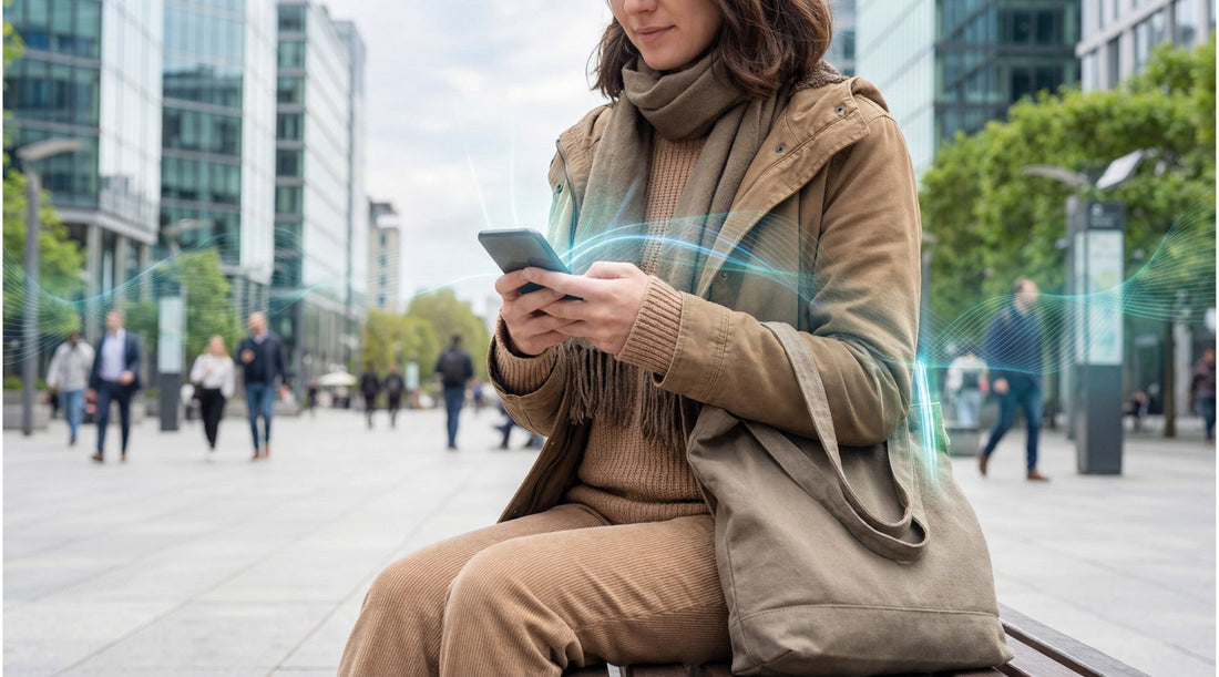 Woman on the street who watches her mobile phone