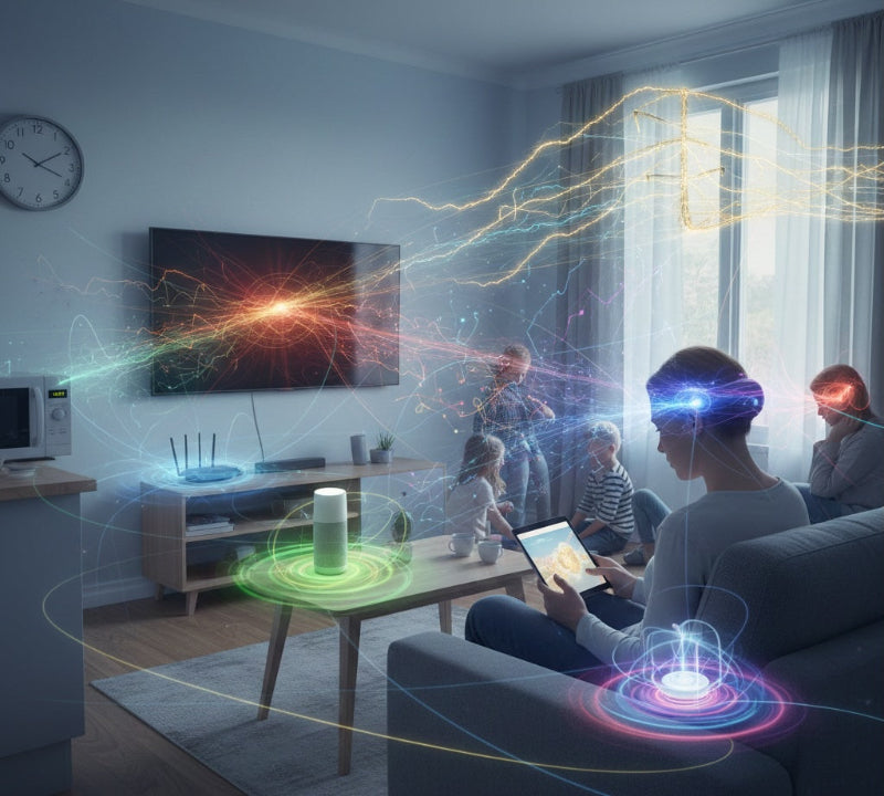 семейство три деца с родителите си във всекидневна, визуализация на електромагнитните полета, които ги заобикалят