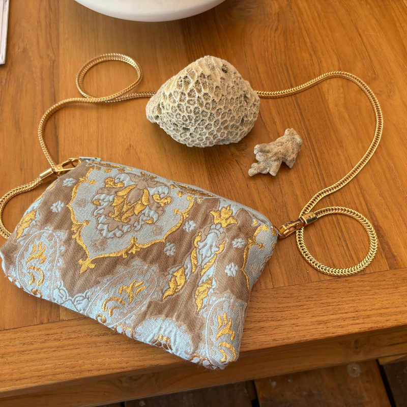 Чанта с верижка за през рамо в синьо и златно с EMF защита