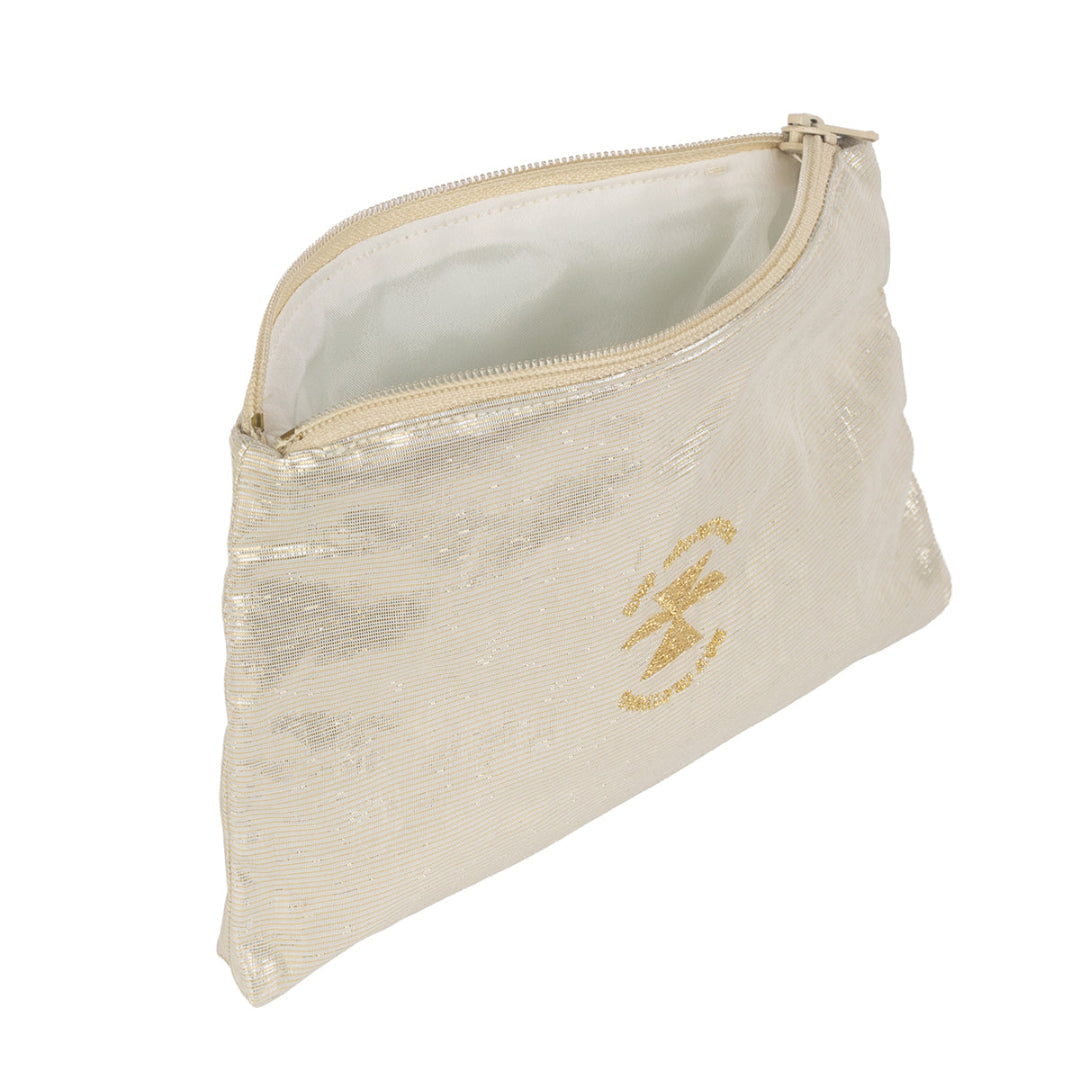 Несесер Бяла перла с цип, защитен слой с метална нишка за предпазване от електромагнитни полета, цвят перла със златно лого