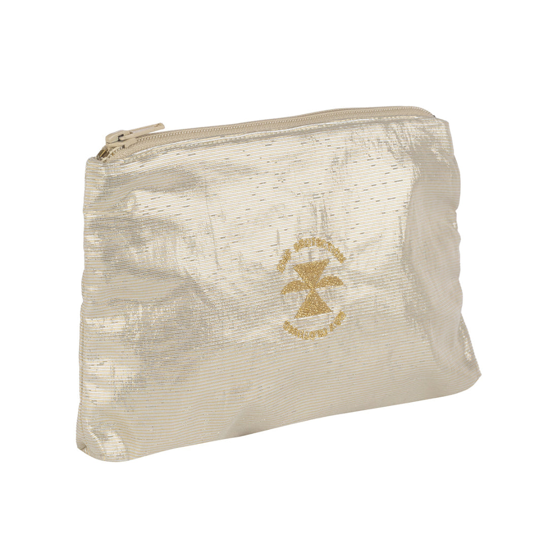 Несесер Бяла перла с цип, защитен слой с метална нишка за предпазване от електромагнитни полета, цвят перла със златно лого