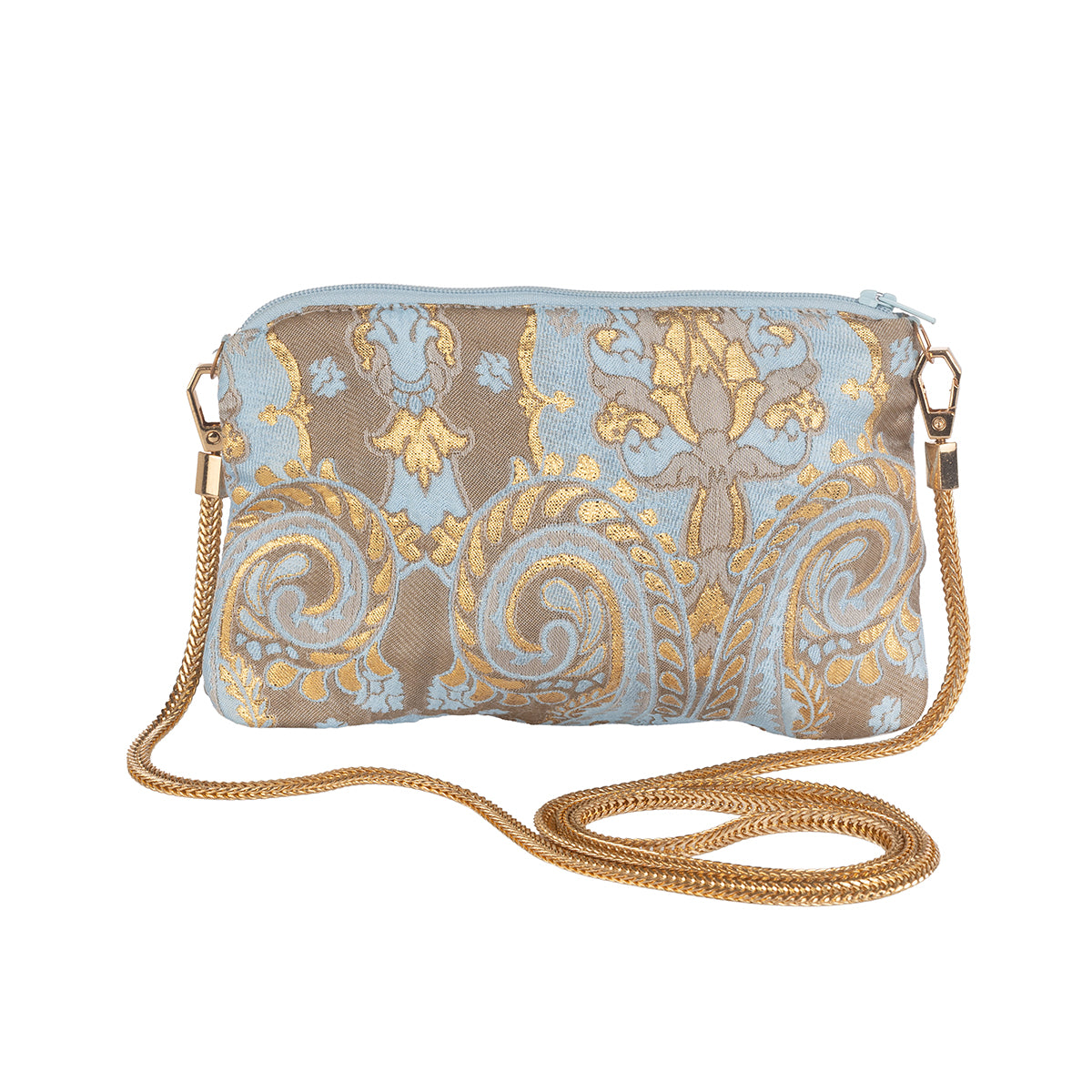 Чанта с верижка за през рамо в синьо и златно със защита от електромагнитни вълни/радиация/смог