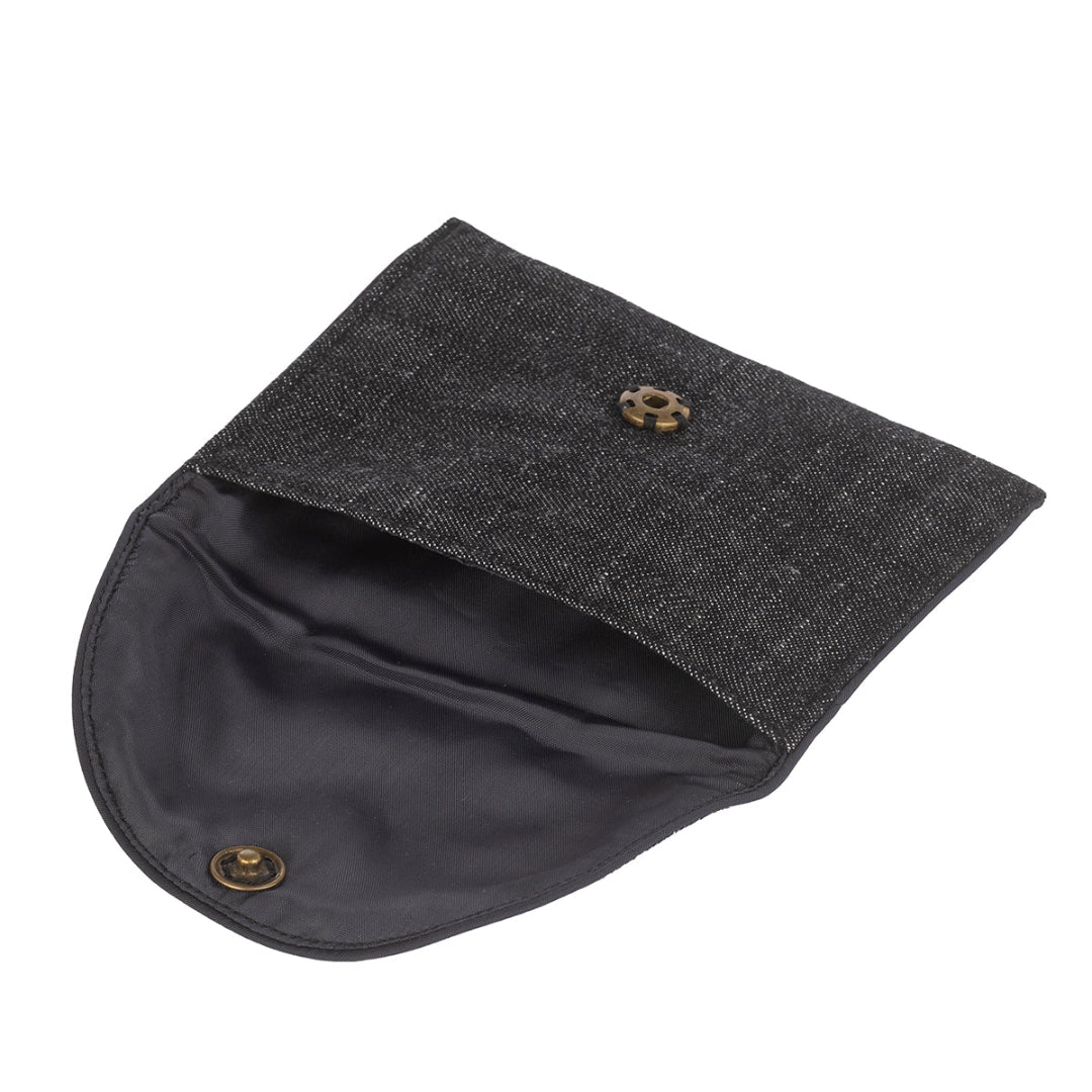 Несесер с копче компакт със защитен слой с метална нишка за предпазване от електромагнитни полета, изработено от деним