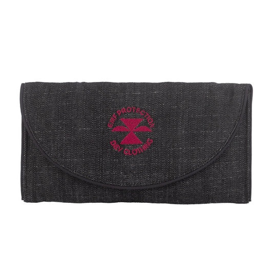 Несесер с копче със защитен слой с метална нишка за предпазване от електромагнитни полета, изработено от деним